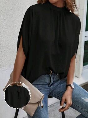 SHEIN Women’s Mock Neck Batwing Short‑Sleeve Blouse – Size Large – Black